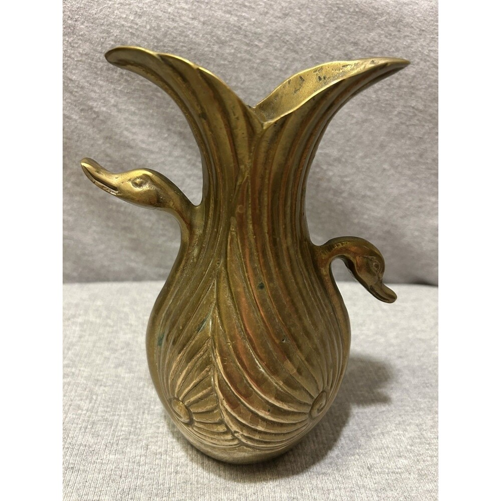 Solid Brass Art Deco Sculpture Vase with A Double Swan Design and Unique Patina